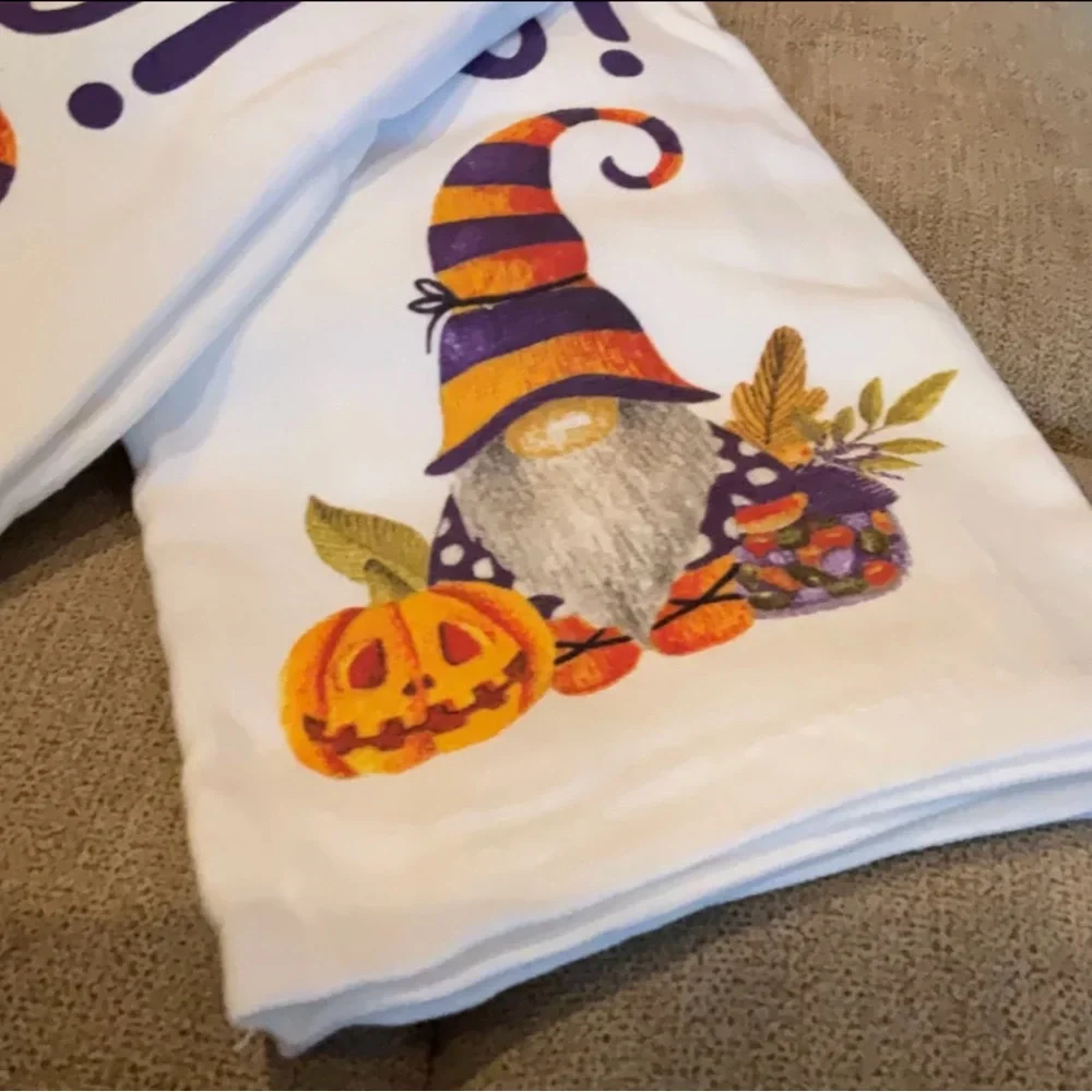 Halloween Kitchen Towels Set of 2 BOO! Adorable Purple and Orange GNOME NEW